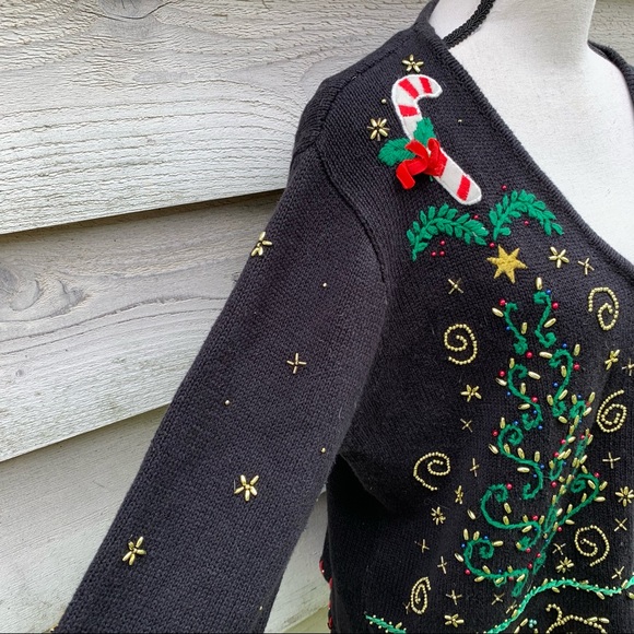 Vintage Black Beaded Felt Appliqué Crochet V-Neck Zip Front Long Sleeve Sweater - Picture 11 of 16